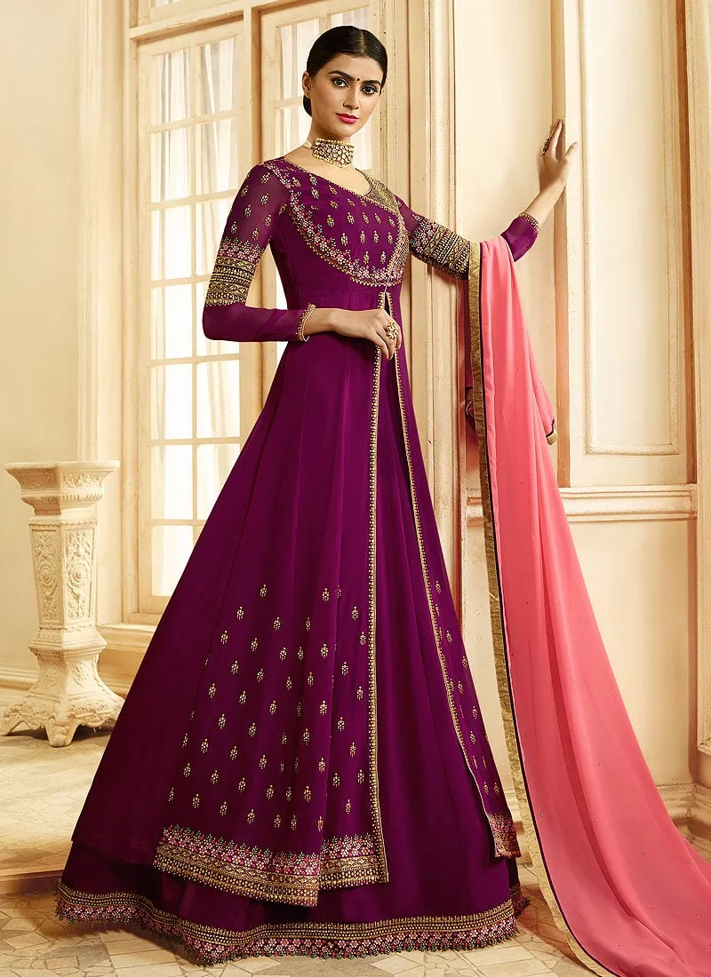 Plum And Pink Ethnic Slit Style Embroidered Anarkali Suit