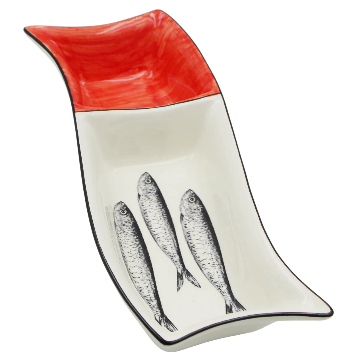 Portuguese Ceramic Divided Serving Dish with Sardine Design and Red Accent