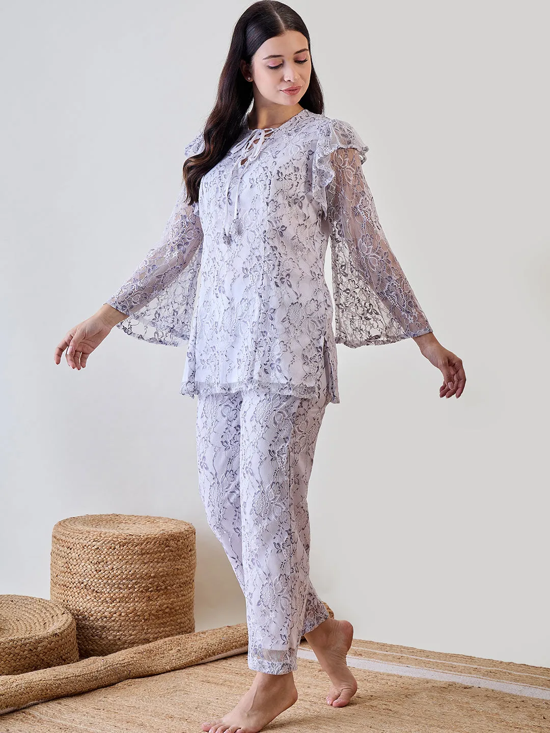 Purple and White Frilled, Delicate, Sheer Lace Cord Set