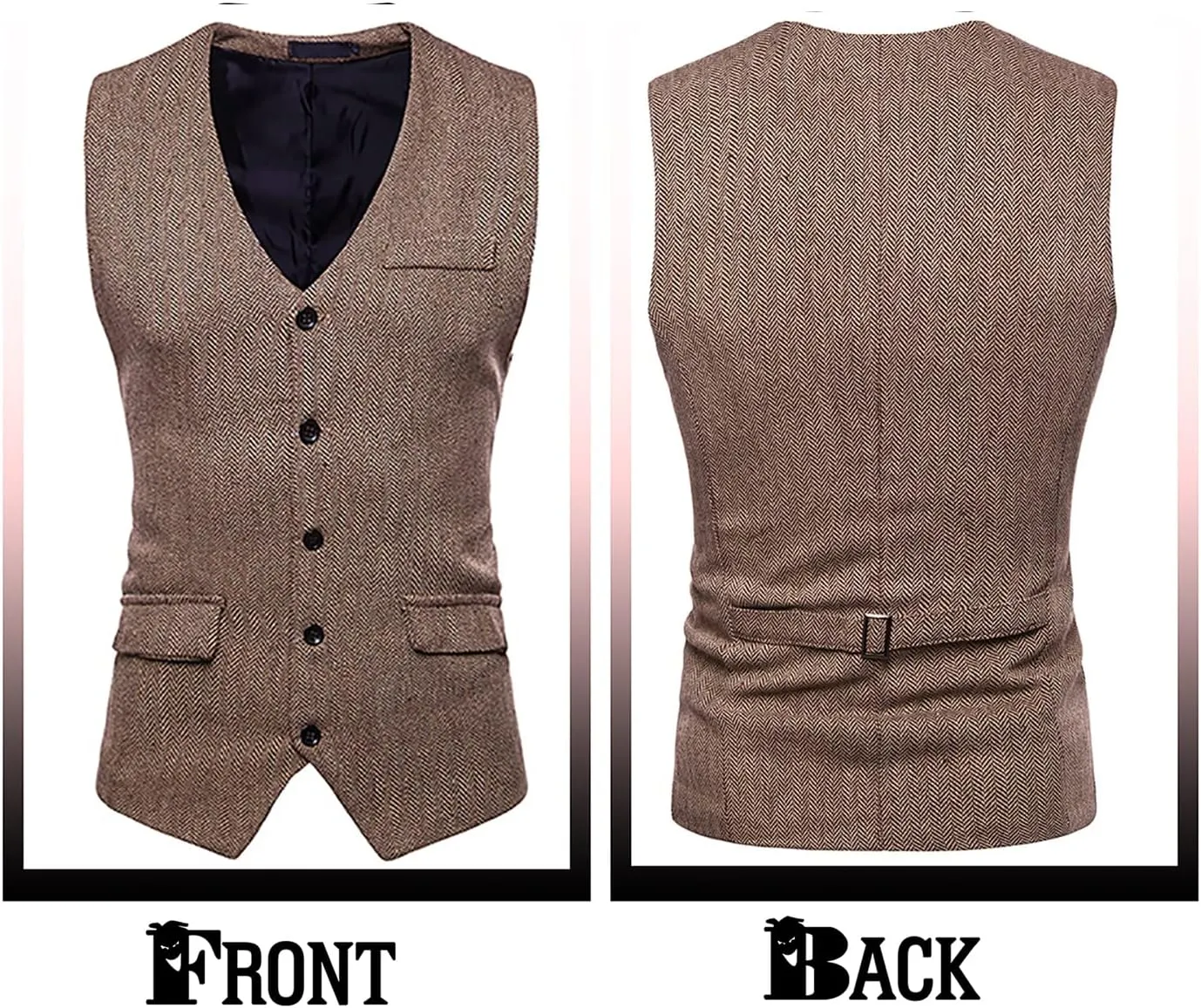 RONGKIM Men's Herringbone Tweed Suit Vest Business Casual Wool Blend Waistcoat Formal Dress Vest for Wedding Party