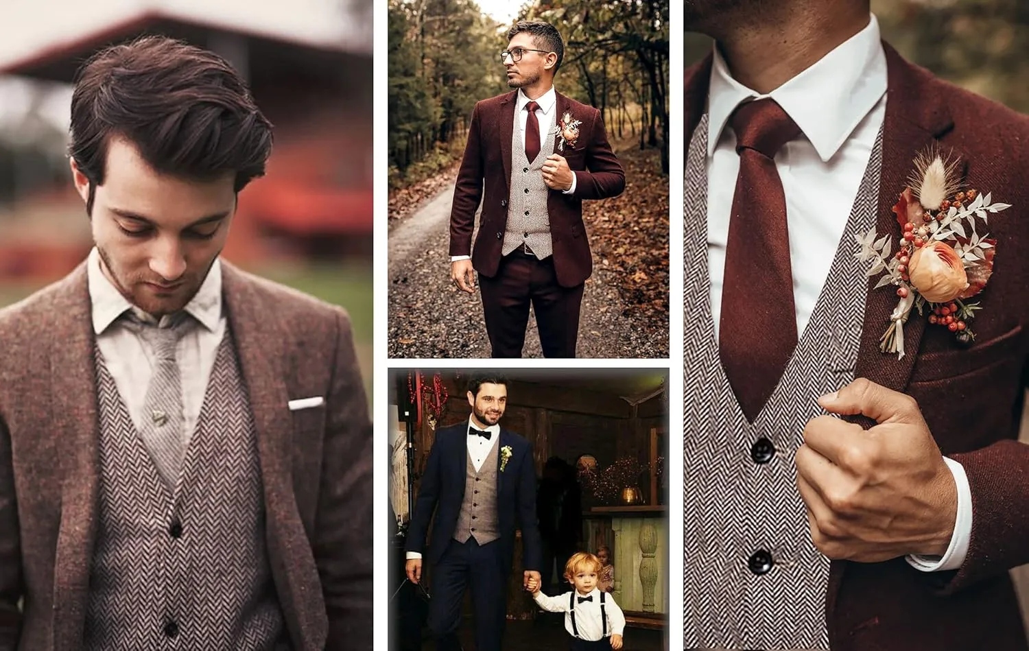 RONGKIM Men's Herringbone Tweed Suit Vest Business Casual Wool Blend Waistcoat Formal Dress Vest for Wedding Party