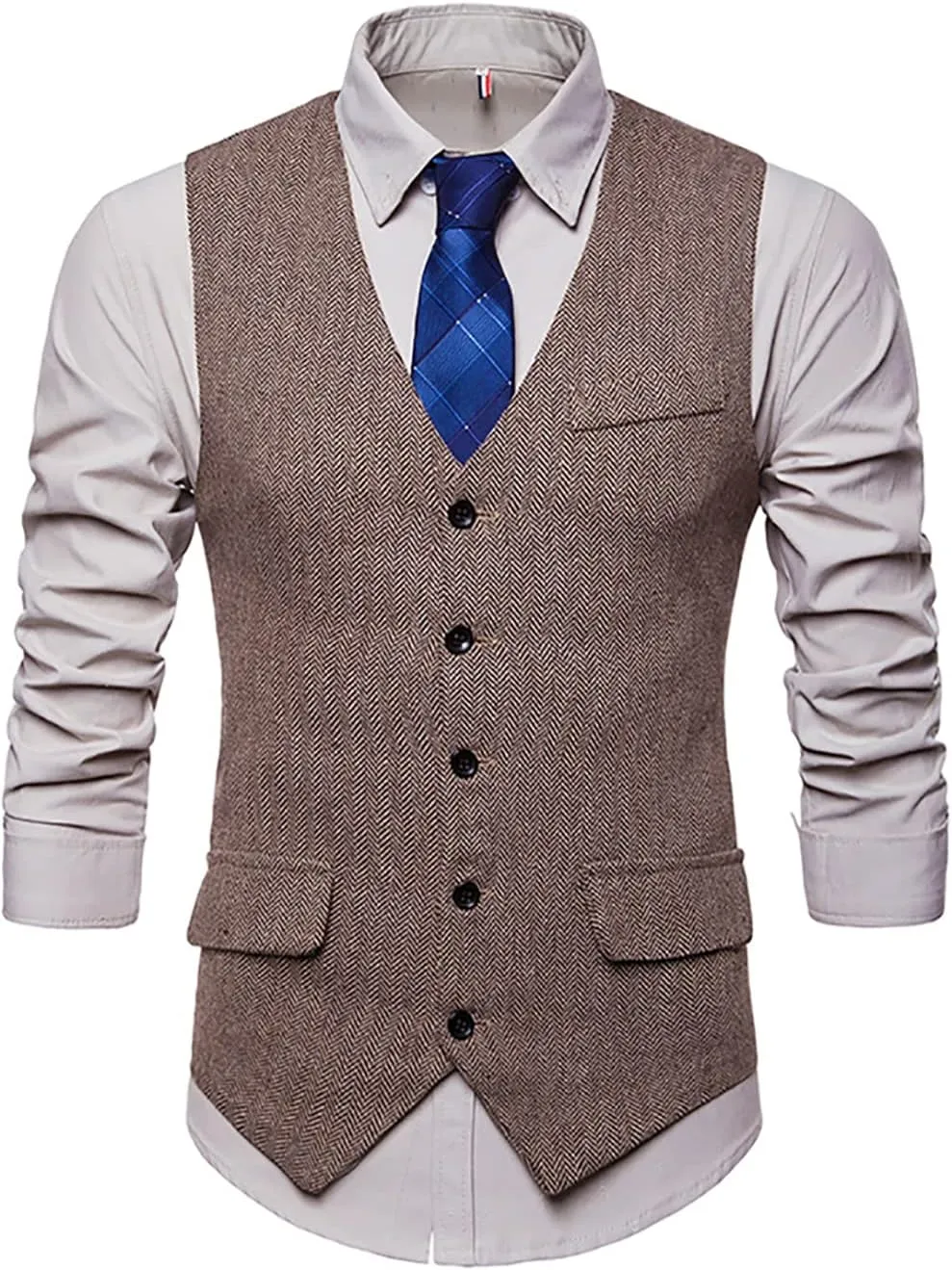 RONGKIM Men's Herringbone Tweed Suit Vest Business Casual Wool Blend Waistcoat Formal Dress Vest for Wedding Party