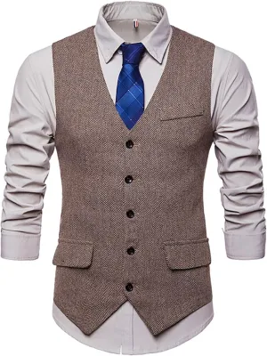 RONGKIM Men's Herringbone Tweed Suit Vest Business Casual Wool Blend Waistcoat Formal Dress Vest for Wedding Party