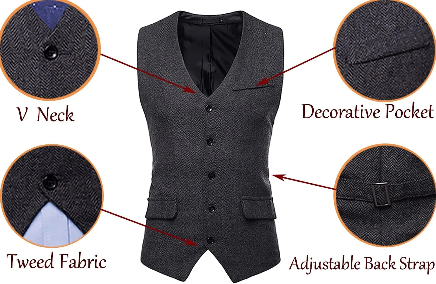 RONGKIM Men's Herringbone Tweed Suit Vest Business Casual Wool Blend Waistcoat Formal Dress Vest for Wedding Party