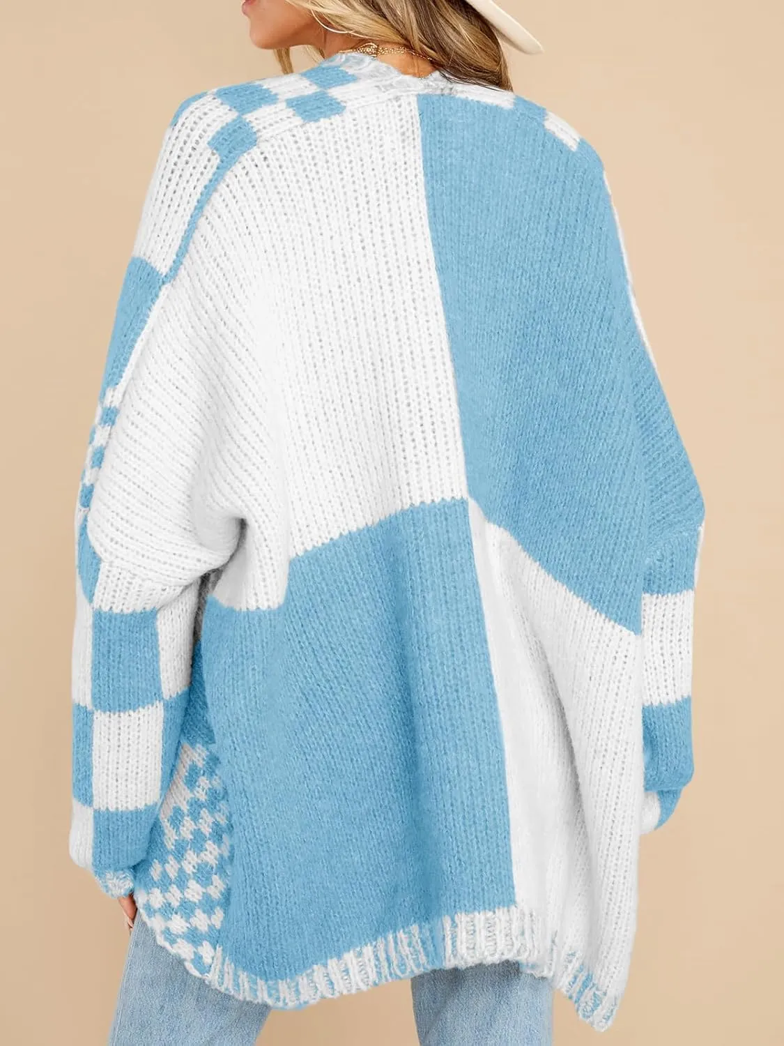 Saodimallsu Womens Checkered Sweater Color Block Plaid Cardigans Oversized Long Sleeve Knit Open Front Coats