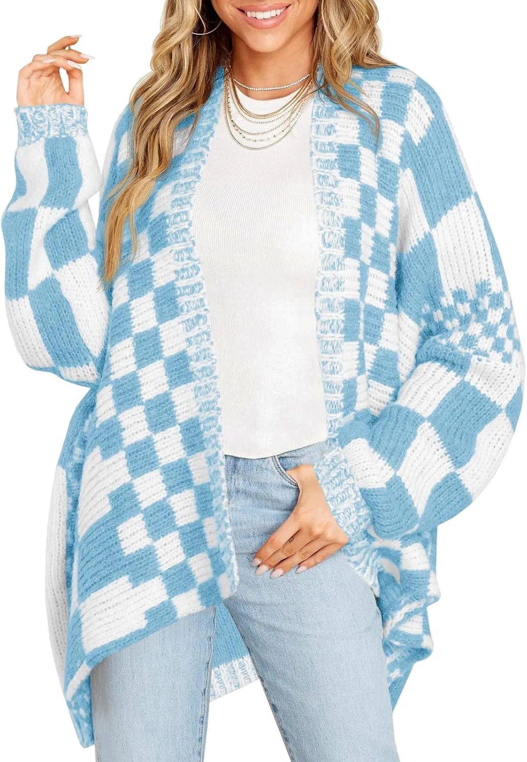 Saodimallsu Womens Checkered Sweater Color Block Plaid Cardigans Oversized Long Sleeve Knit Open Front Coats