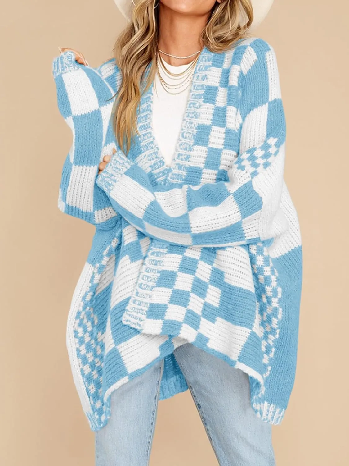 Saodimallsu Womens Checkered Sweater Color Block Plaid Cardigans Oversized Long Sleeve Knit Open Front Coats