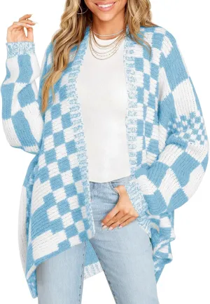 Saodimallsu Womens Checkered Sweater Color Block Plaid Cardigans Oversized Long Sleeve Knit Open Front Coats