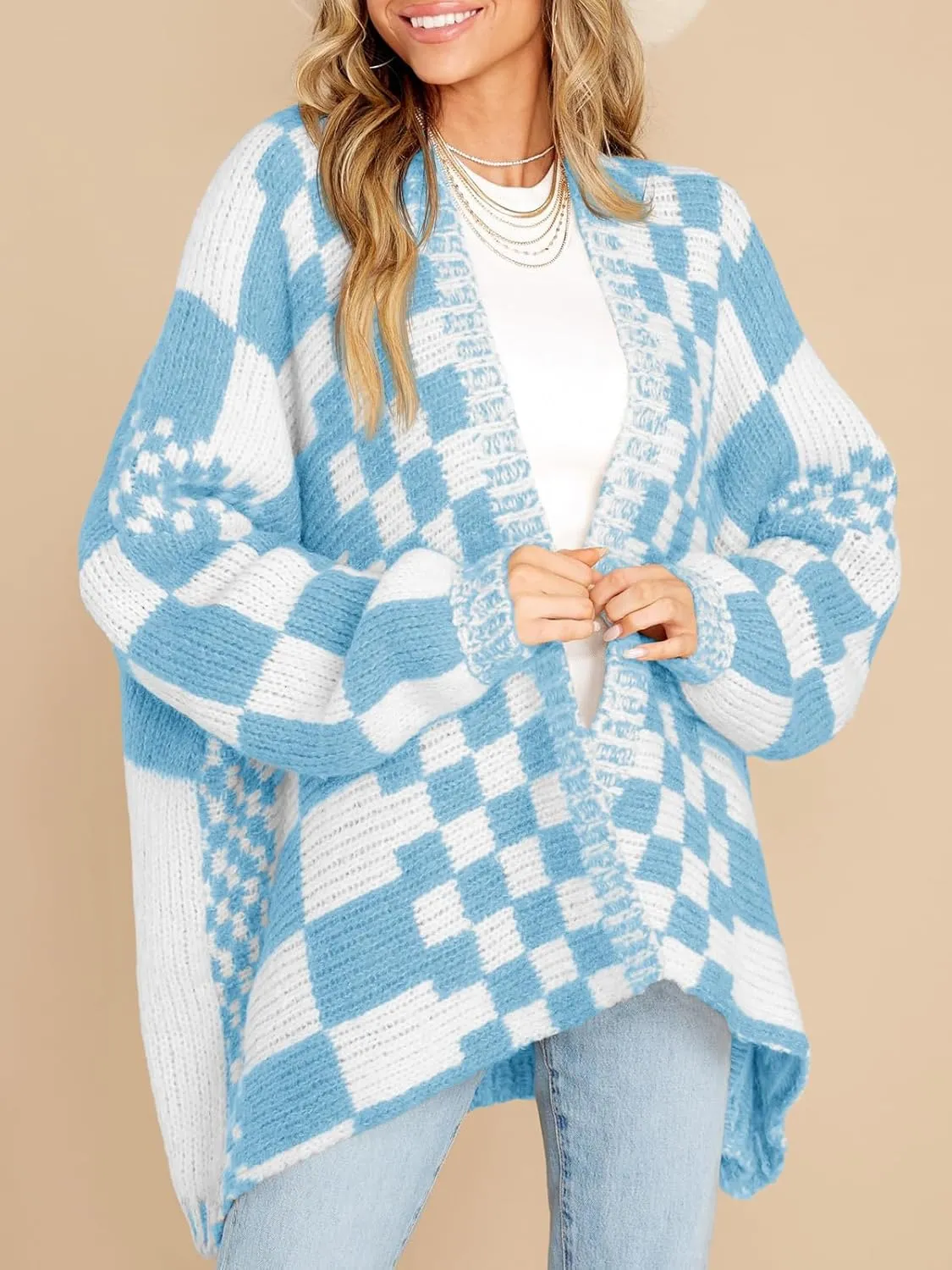 Saodimallsu Womens Checkered Sweater Color Block Plaid Cardigans Oversized Long Sleeve Knit Open Front Coats