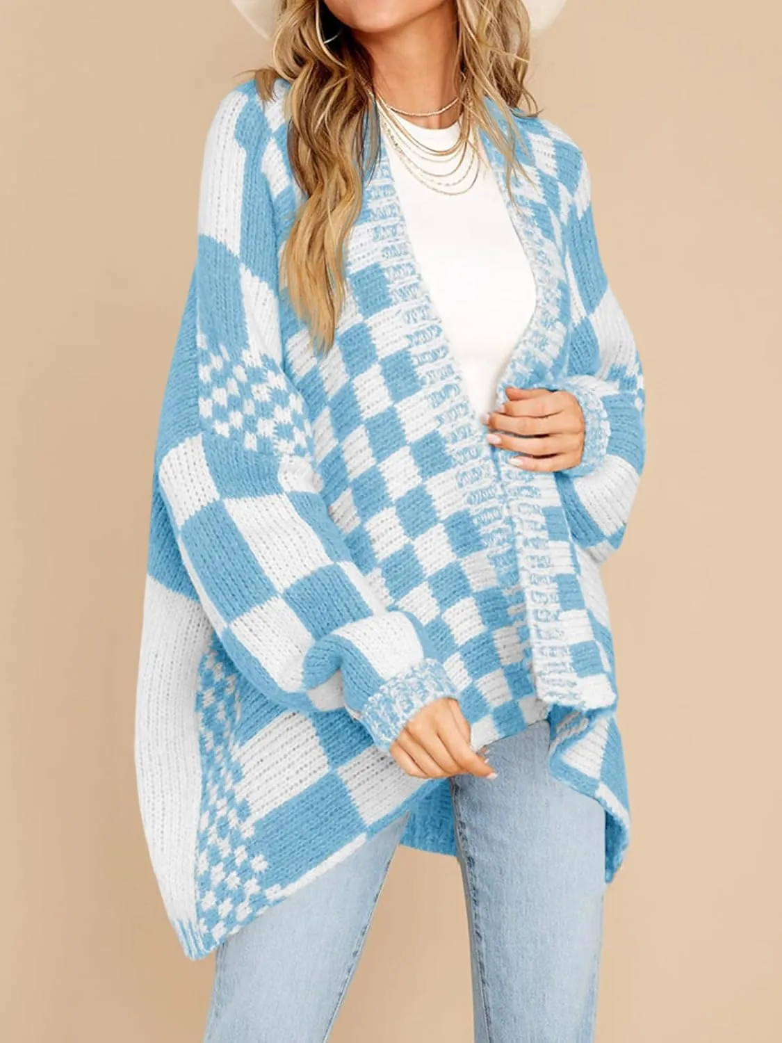 Saodimallsu Womens Checkered Sweater Color Block Plaid Cardigans Oversized Long Sleeve Knit Open Front Coats