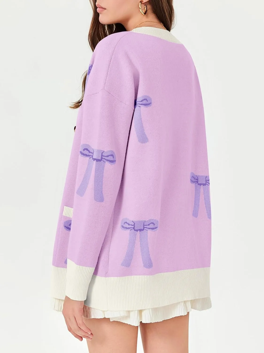 Saodimallsu Womens Oversized Cardigan Sweaters Bow Printed Button V Neck Long Sleeve Loose Knit Fall Trendy Coats