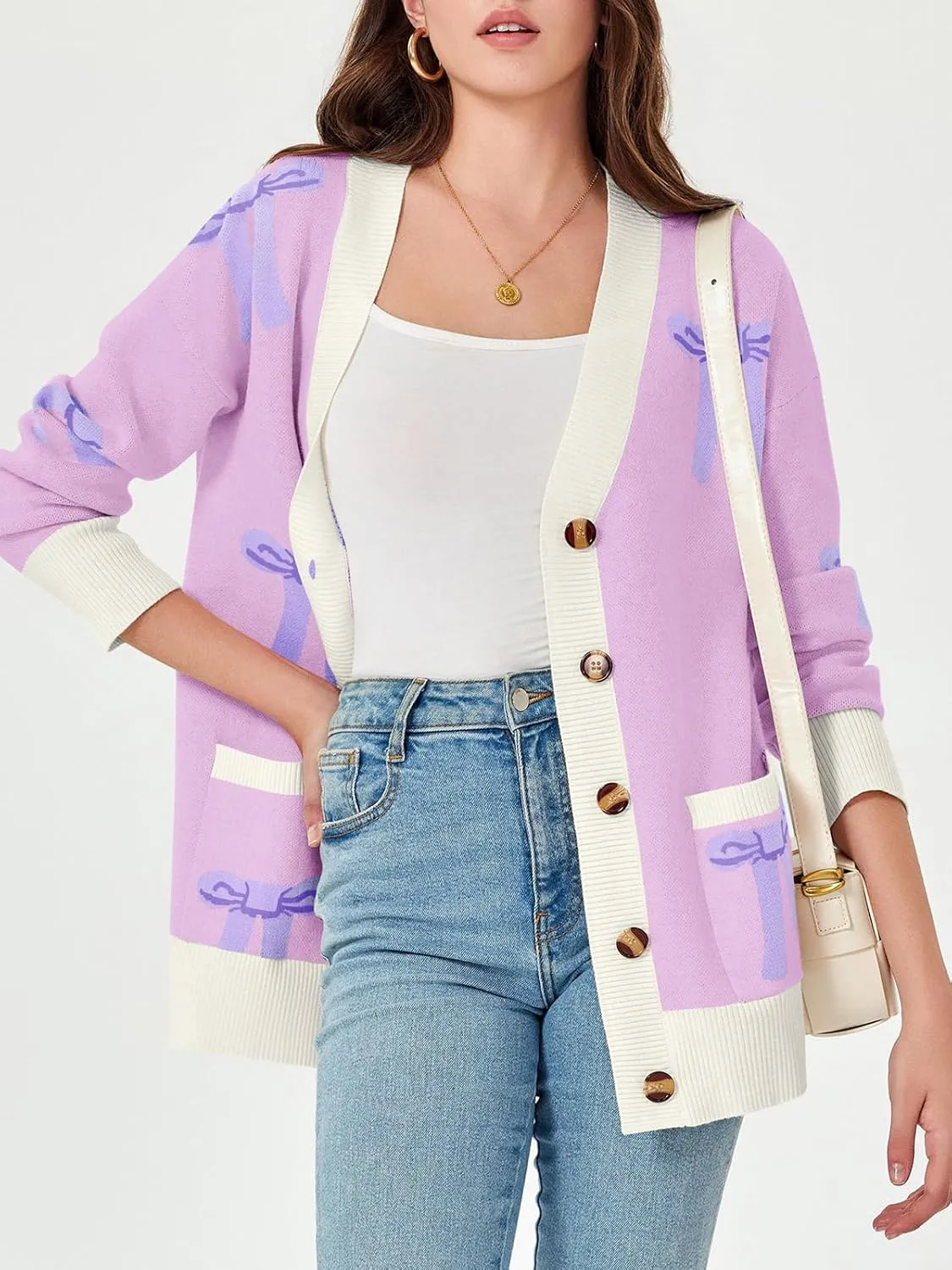Saodimallsu Womens Oversized Cardigan Sweaters Bow Printed Button V Neck Long Sleeve Loose Knit Fall Trendy Coats