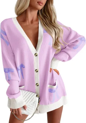Saodimallsu Womens Oversized Cardigan Sweaters Bow Printed Button V Neck Long Sleeve Loose Knit Fall Trendy Coats