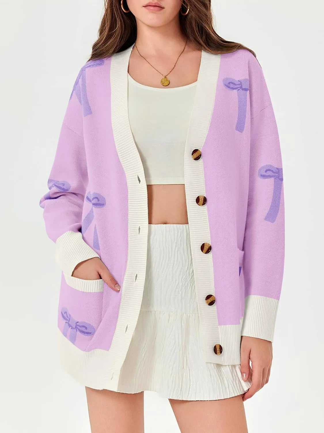 Saodimallsu Womens Oversized Cardigan Sweaters Bow Printed Button V Neck Long Sleeve Loose Knit Fall Trendy Coats