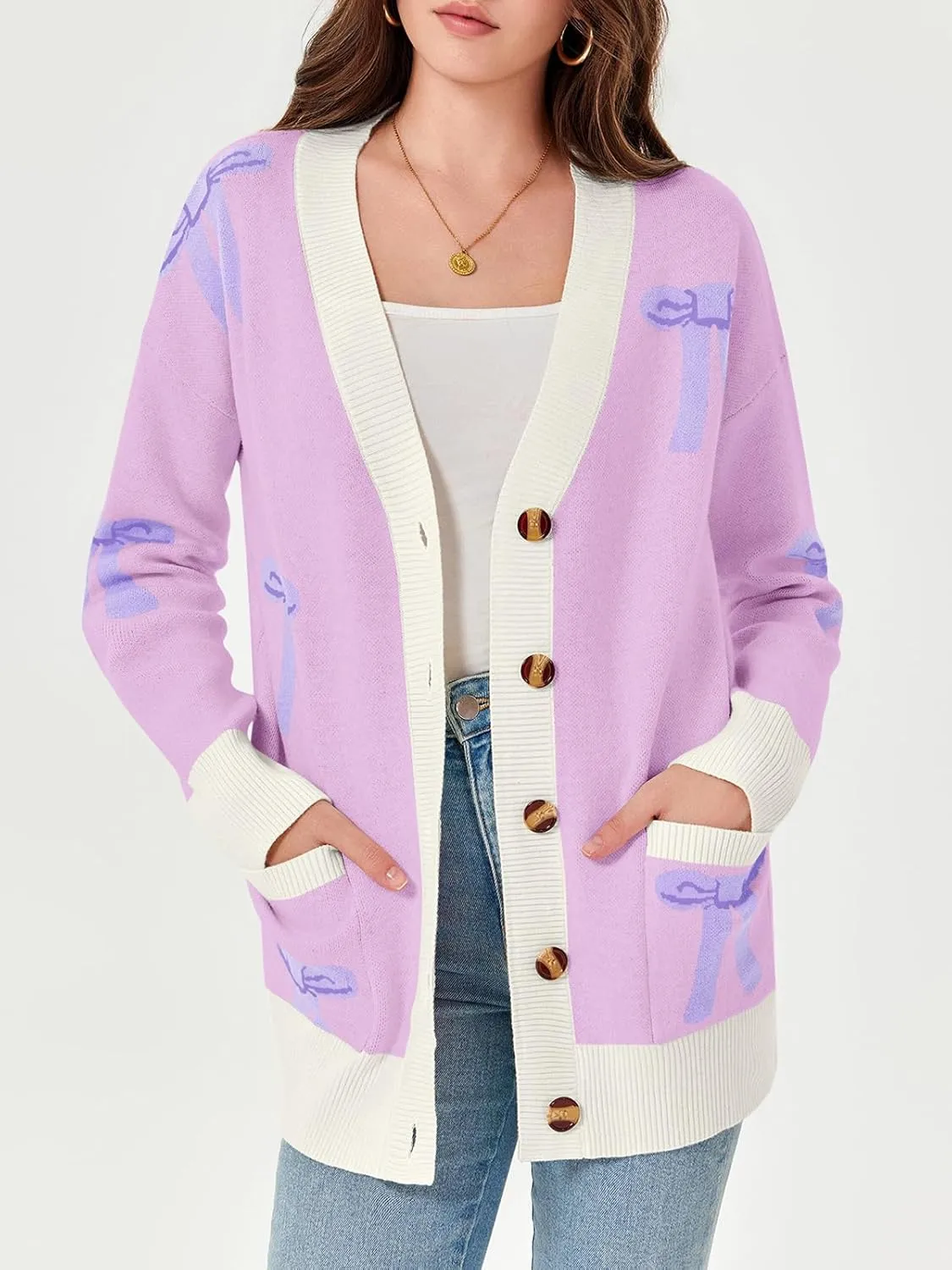 Saodimallsu Womens Oversized Cardigan Sweaters Bow Printed Button V Neck Long Sleeve Loose Knit Fall Trendy Coats