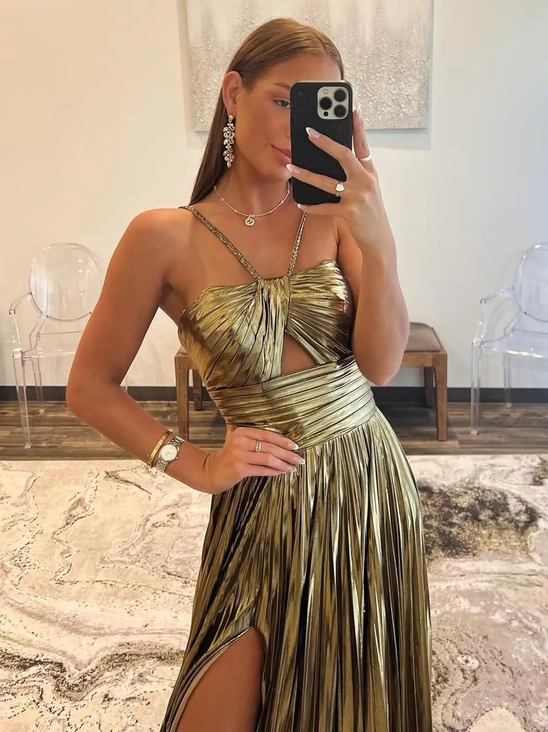 Sparkly Satin Metallic Prom Dresses with Slit Long Spaghetti Straps Formal Evening Gowns