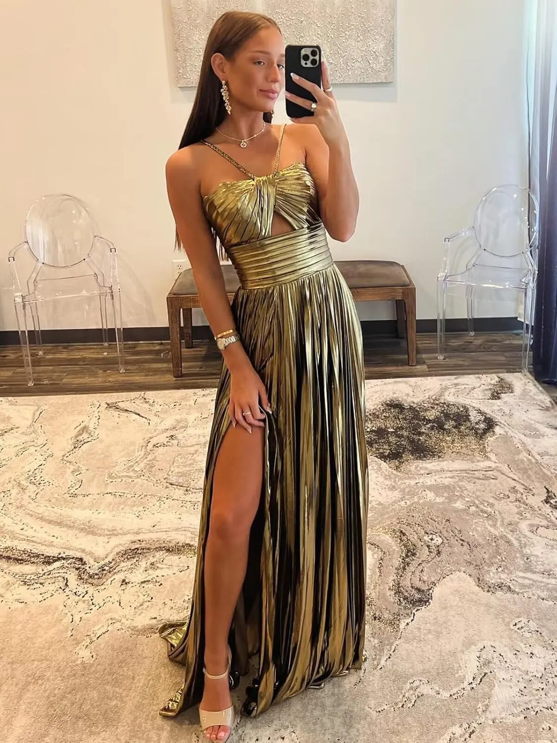Sparkly Satin Metallic Prom Dresses with Slit Long Spaghetti Straps Formal Evening Gowns