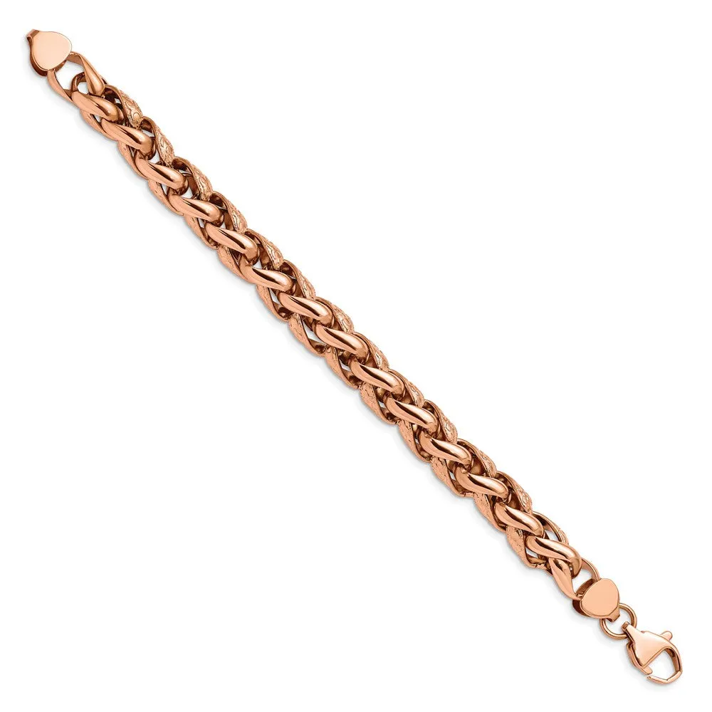 Stainless Steel Polished & Textured Rose IP-plated Wheat 8.75in Bracelet
