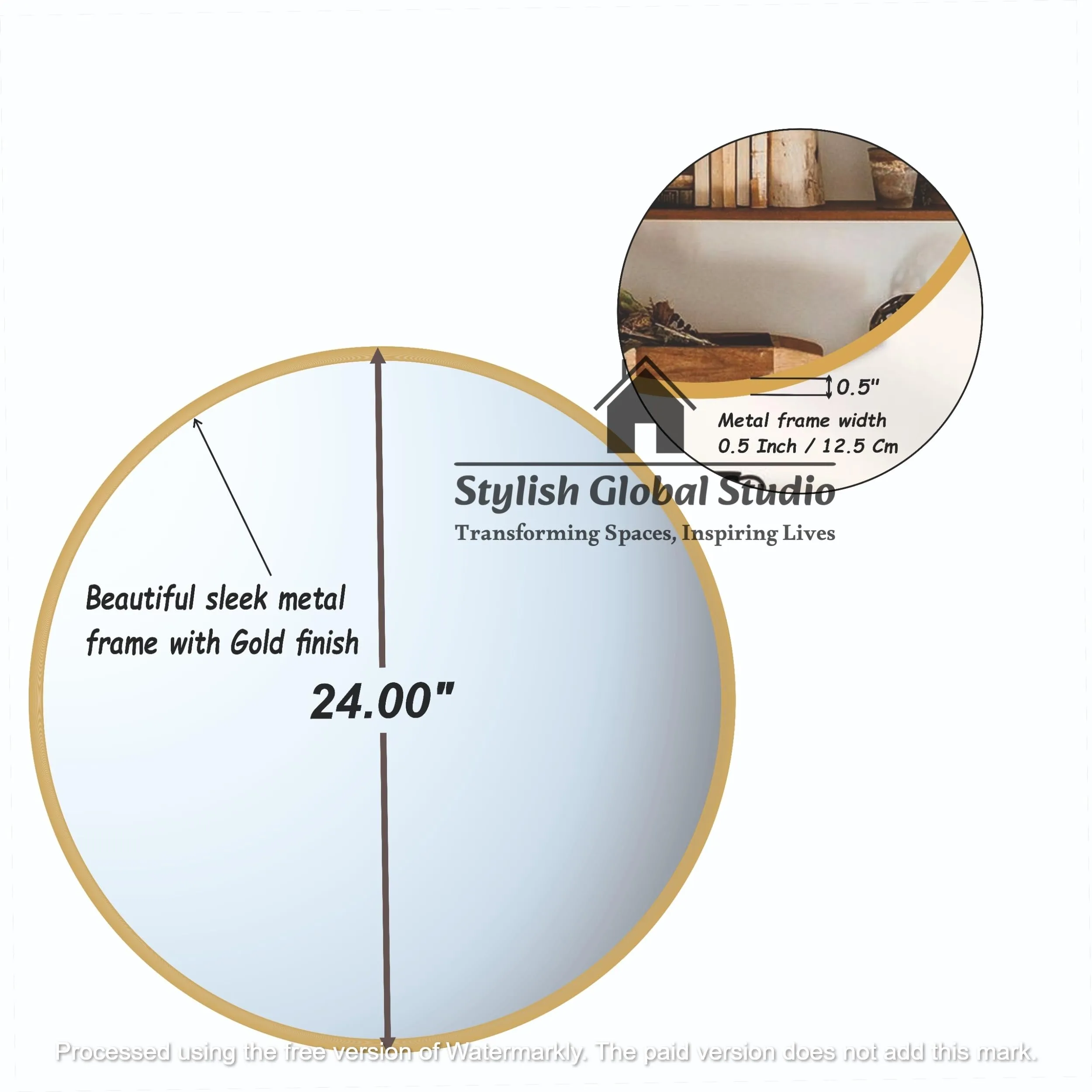 Stylish Vanity Round Wall Mirror I Metal Frame I Modern Design Metal Frame I Bathroom Wash Basin, Bedroom, Drawing Room (Gold, 24")
