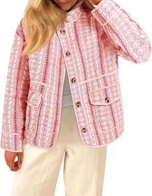 Tankaneo Womens Floral Printed Quilted Jackets Puffy Lightweight Button Down Winter Warm Puffer Coat