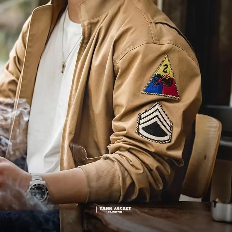 Tanker Style WWII US Military Cotton Jacket Green & Khaki - WW2 Fury Brad Pitt Bomber Cotton Jacket - US Army Tanker Jacket