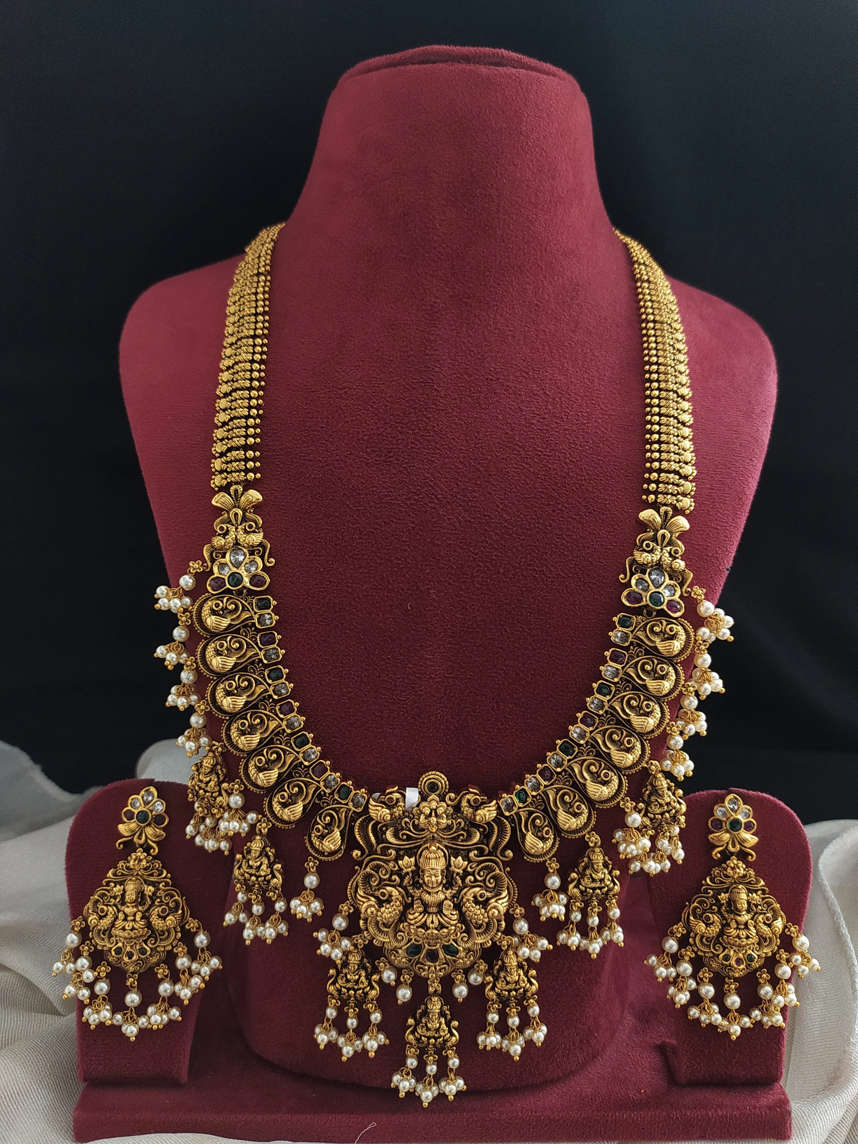 Traditional Goddess Lakshmi Ji Heavy Pendant Nagas Antique Long Set