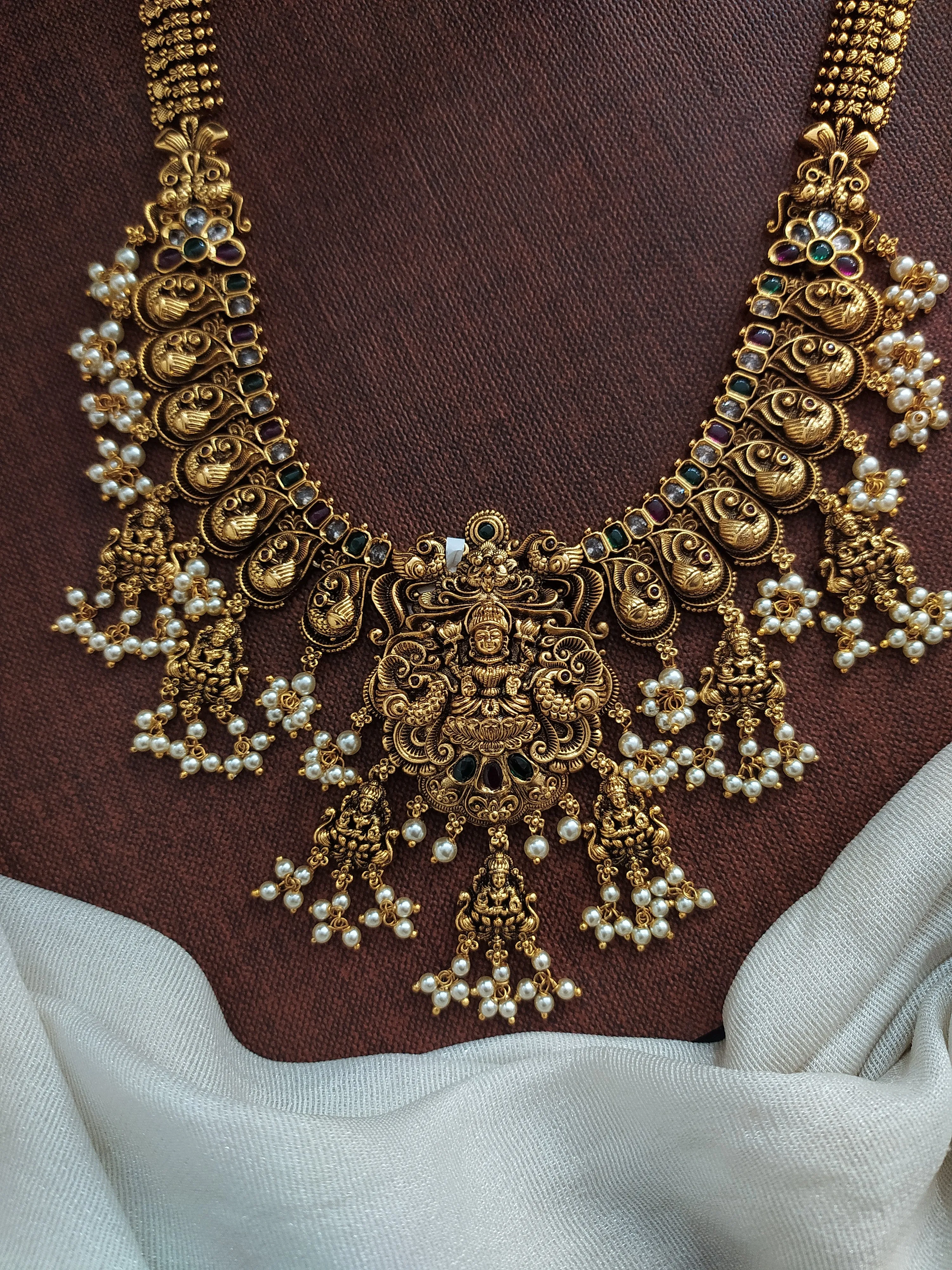 Traditional Goddess Lakshmi Ji Heavy Pendant Nagas Antique Long Set