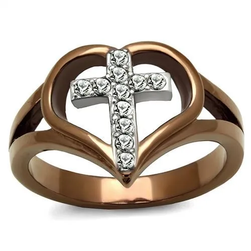 Two Tone IP Light Brown (IP Light coffee) Stainless Steel Ring with Top Grade Crystal in Clear for Women Style TK2802