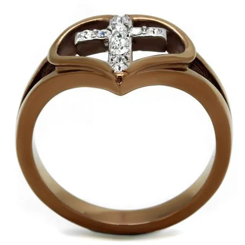 Two Tone IP Light Brown (IP Light coffee) Stainless Steel Ring with Top Grade Crystal in Clear for Women Style TK2802