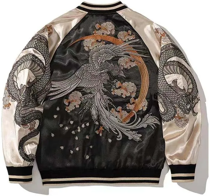 USTZFTBCL Sukajan Crane Embroidery Baseball Jacket Double-Sided Satin Bomber,Harajuku Style