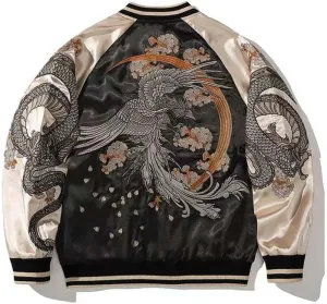 USTZFTBCL Sukajan Crane Embroidery Baseball Jacket Double-Sided Satin Bomber,Harajuku Style