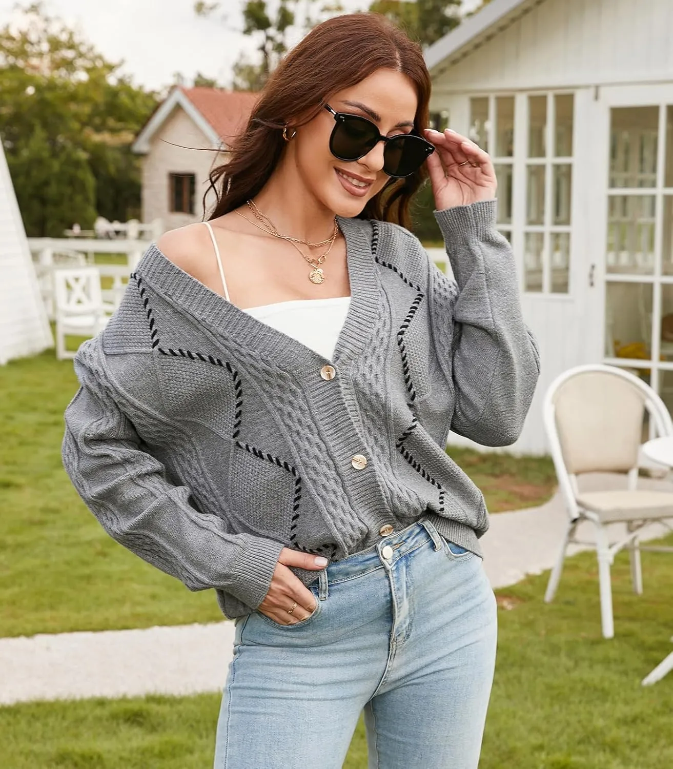 V FOR CITY Cable Knit Cardigan Women Chunky Sweater Cardigans Contrast Color Long Sleeve Coats 2025 Spring Fall Winter