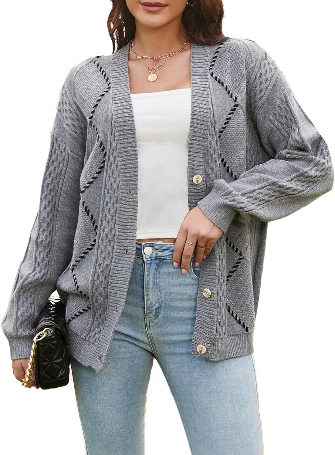 V FOR CITY Cable Knit Cardigan Women Chunky Sweater Cardigans Contrast Color Long Sleeve Coats 2025 Spring Fall Winter