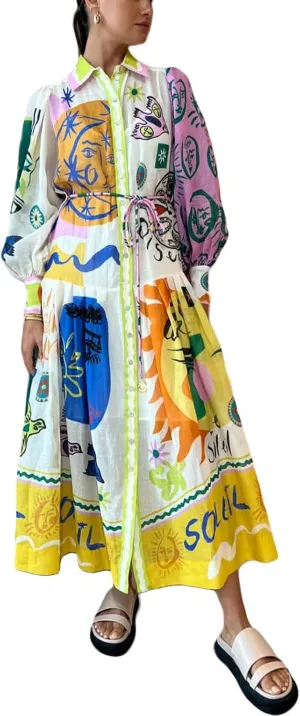 Women Graphic Puff Sleeve Maxi Dress Graffeti Button Down Shirt Dress Vintage Boho Floral Flowy Long Dress