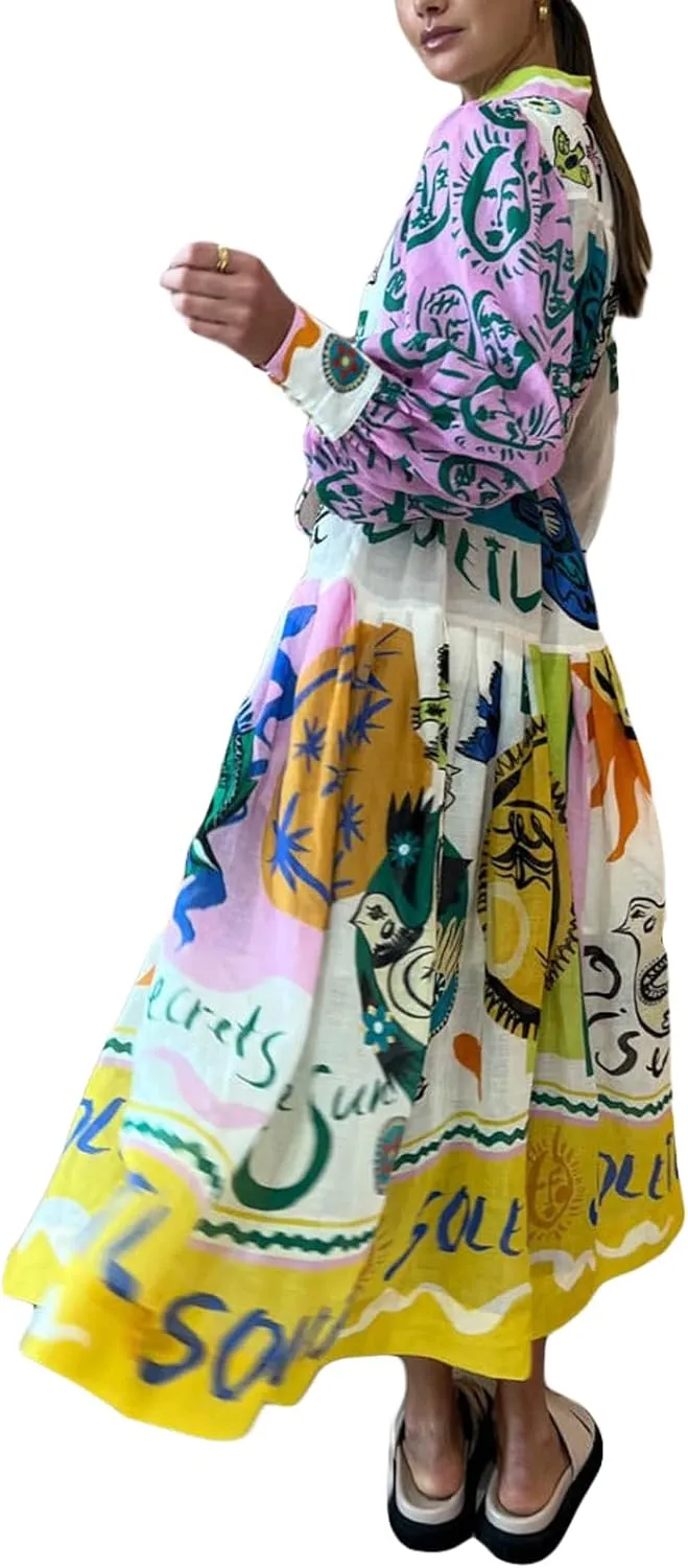 Women Graphic Puff Sleeve Maxi Dress Graffeti Button Down Shirt Dress Vintage Boho Floral Flowy Long Dress