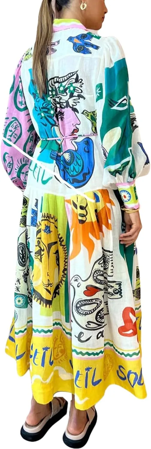 Women Graphic Puff Sleeve Maxi Dress Graffeti Button Down Shirt Dress Vintage Boho Floral Flowy Long Dress