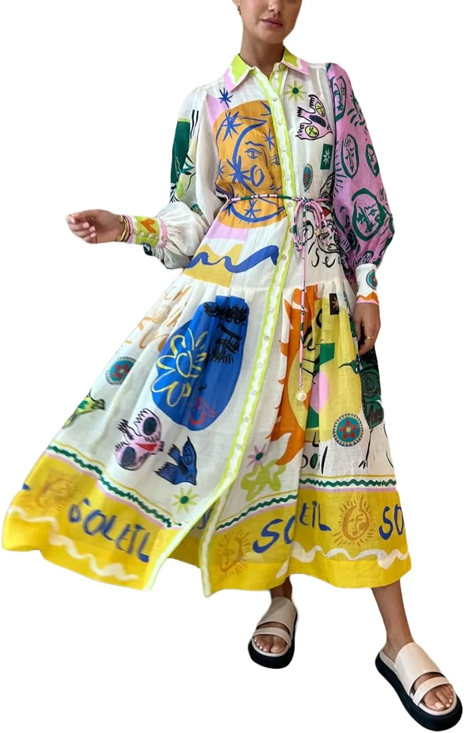 Women Graphic Puff Sleeve Maxi Dress Graffeti Button Down Shirt Dress Vintage Boho Floral Flowy Long Dress
