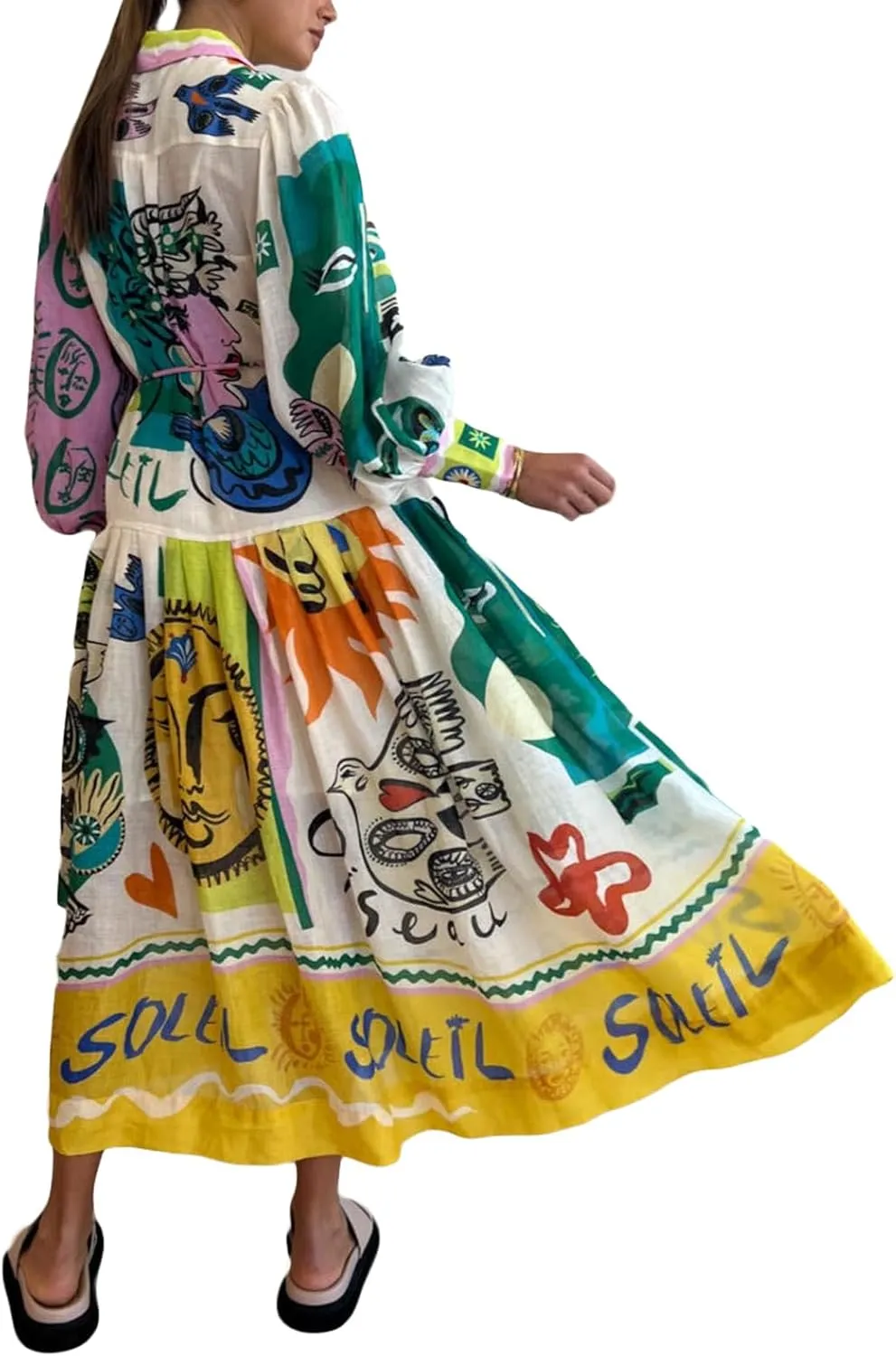 Women Graphic Puff Sleeve Maxi Dress Graffeti Button Down Shirt Dress Vintage Boho Floral Flowy Long Dress