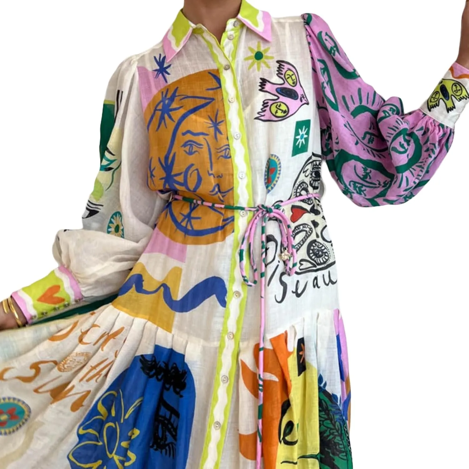 Women Graphic Puff Sleeve Maxi Dress Graffeti Button Down Shirt Dress Vintage Boho Floral Flowy Long Dress