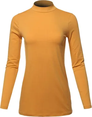 Women's Basic Solid Soft Cotton Long Sleeve Mock Neck Top Shirts