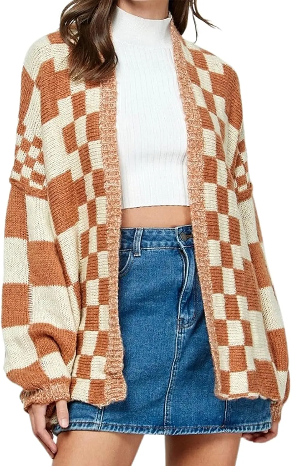 Womens Plaid Sweater Cardigan Checkered Button Down Contrast Long Sleeve Coats Cable Knit Oversized Sweaters Tops