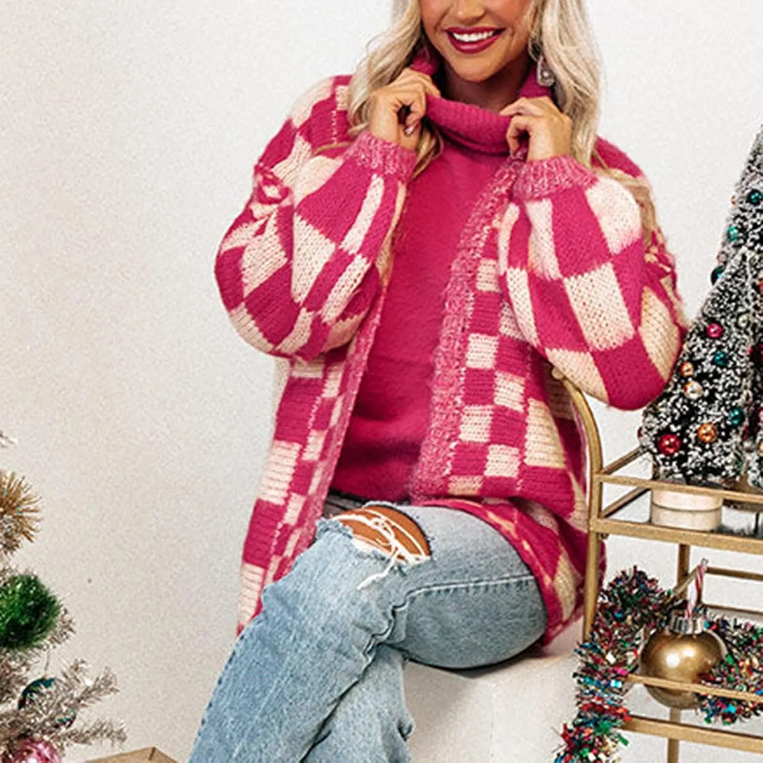 Womens Plaid Sweater Cardigan Checkered Button Down Contrast Long Sleeve Coats Cable Knit Oversized Sweaters Tops