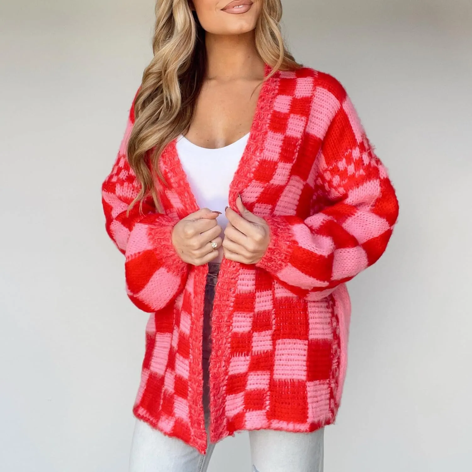 Womens Plaid Sweater Cardigan Checkered Button Down Contrast Long Sleeve Coats Cable Knit Oversized Sweaters Tops