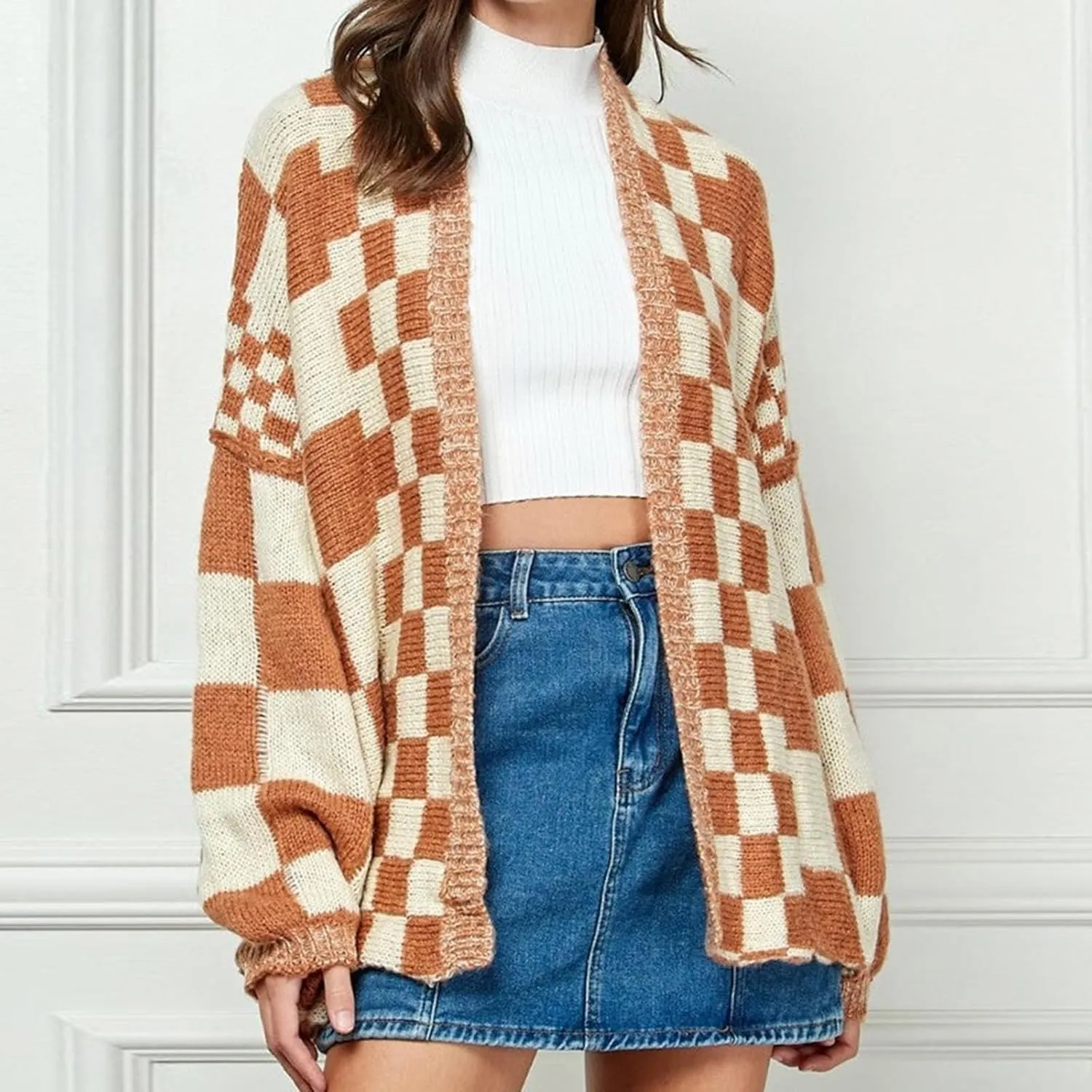 Womens Plaid Sweater Cardigan Checkered Button Down Contrast Long Sleeve Coats Cable Knit Oversized Sweaters Tops