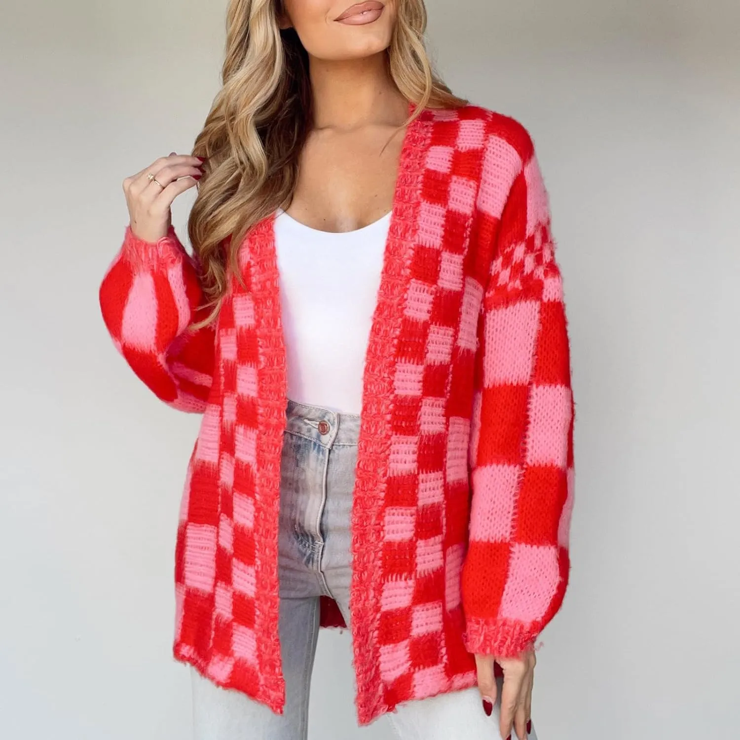 Womens Plaid Sweater Cardigan Checkered Button Down Contrast Long Sleeve Coats Cable Knit Oversized Sweaters Tops