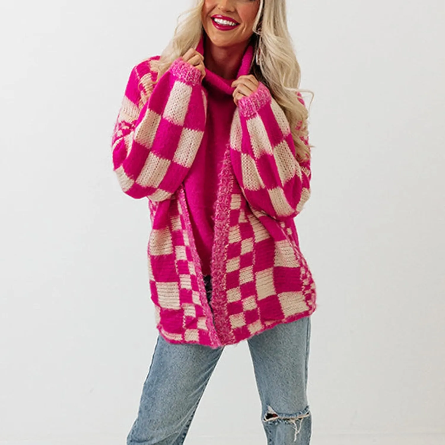Womens Plaid Sweater Cardigan Checkered Button Down Contrast Long Sleeve Coats Cable Knit Oversized Sweaters Tops