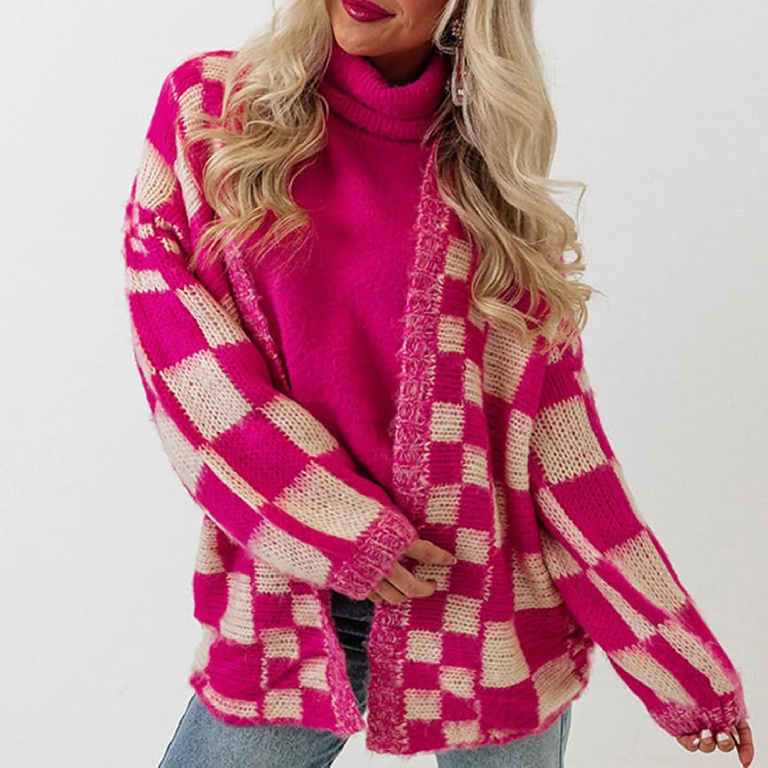 Womens Plaid Sweater Cardigan Checkered Button Down Contrast Long Sleeve Coats Cable Knit Oversized Sweaters Tops