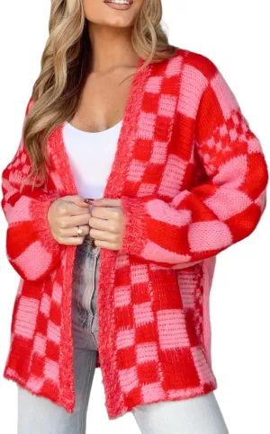 Womens Plaid Sweater Cardigan Checkered Button Down Contrast Long Sleeve Coats Cable Knit Oversized Sweaters Tops