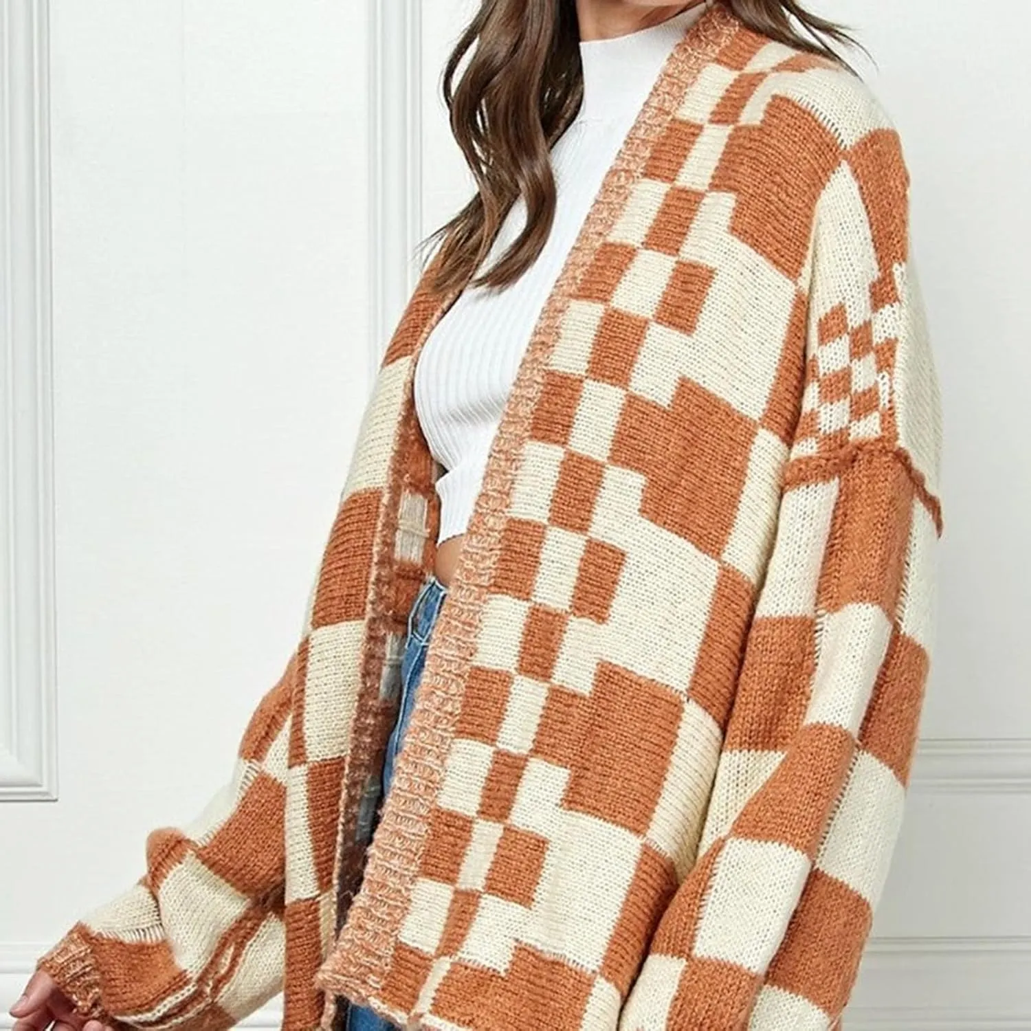Womens Plaid Sweater Cardigan Checkered Button Down Contrast Long Sleeve Coats Cable Knit Oversized Sweaters Tops