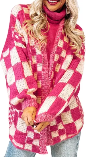 Womens Plaid Sweater Cardigan Checkered Button Down Contrast Long Sleeve Coats Cable Knit Oversized Sweaters Tops